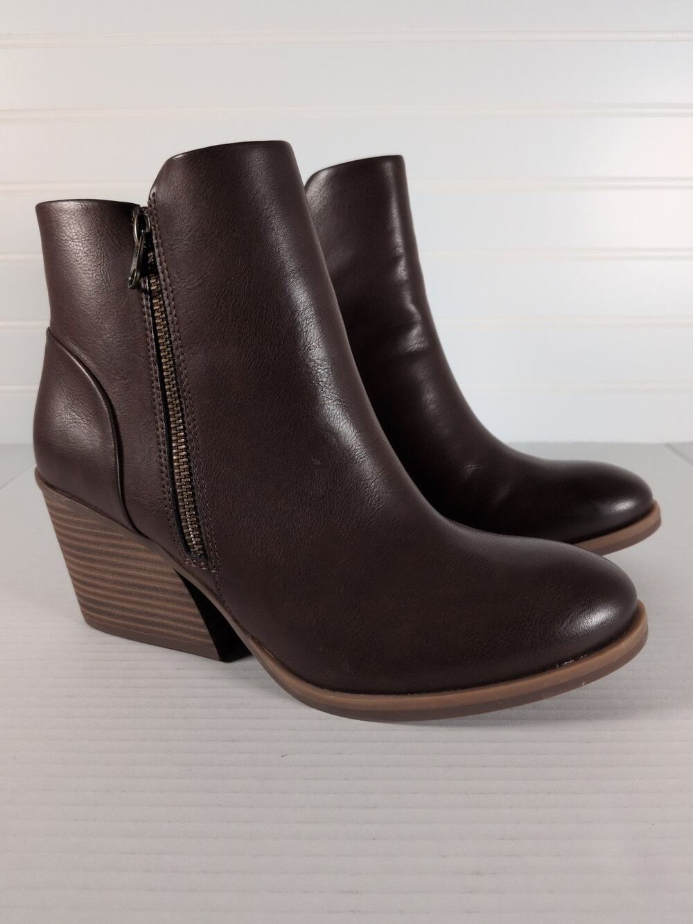Korks Hattie Ankle Boots Womens 8 Brown Vegan Leather Side Zip Block Heel Boho